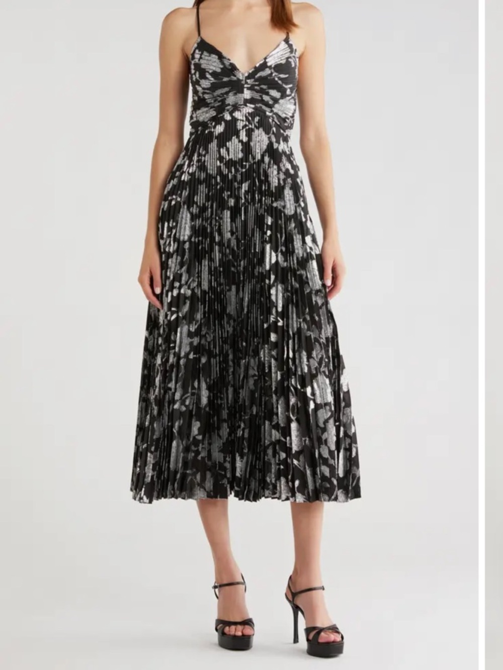 Astr Saoirse Floral Metallic Pleated Midi Dress